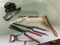 Box of Old Utensils Insect Sprayer Hair Clippers
