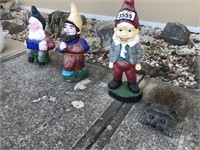 3 Garden Gnomes & Hedgehog Boot Scratcher