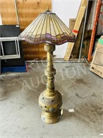 vintage large brass floor lamp , lead glass shade