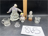 Miniature Glass Items & Porcelain Doll Head, Figur