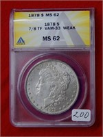 1878 S Morgan Silver Dollar ANACS MS62 7/8TF VAM33