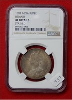 1892 India Rupee Bikanir NGC XF Details Stained