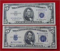(2) $5 Silver Certificates 1934 C/1953