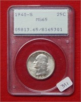 1940 S Washington Silver Quarter PCGS MS65