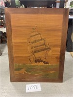 Vintage Wooden Carved/Stained Ship Art see des