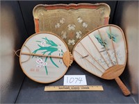 Oriental Cloth-Wood Fans, Made in Italy Tray