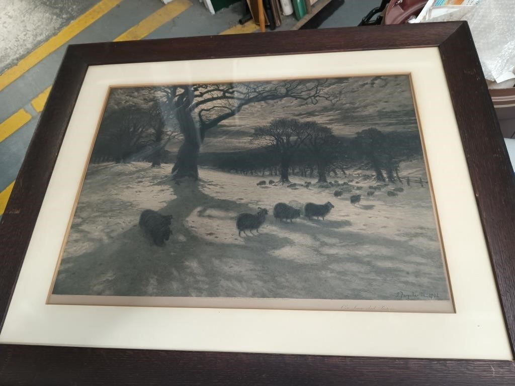 1902 Engraving "Sheep in the Woods", Engraving