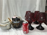 Lot  Lenox+Hall-Ruby- 3 Tea pots, 4 Ruby Mosaic