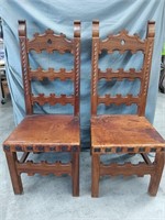 Pair Spanish Revival side chairs with leather