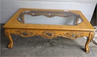 CARVED COFFEE TABLE W/ BEVELED GLASS TOP