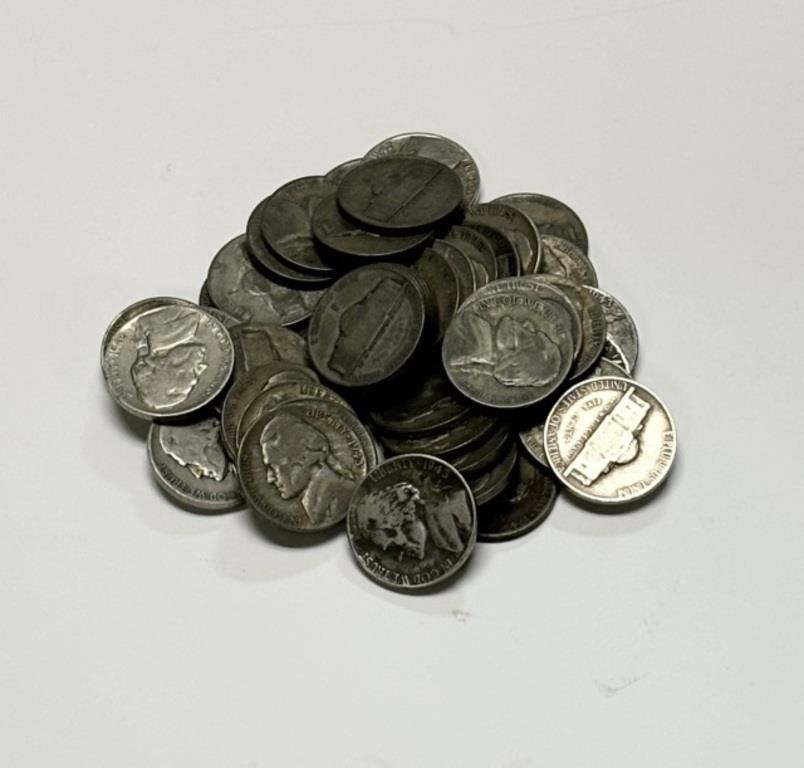 LOT OF 43 WAR TIME SILVER NICKELS WEIGHS 6.7 OZ