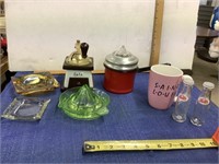 Coffee grinder, small percolator, ashtrays, salt