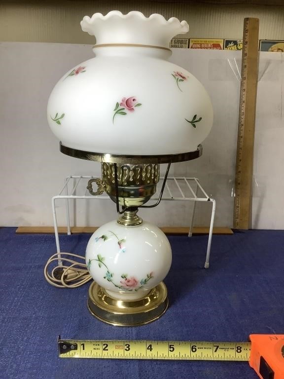 Electric milk glass style lamp.  14.5 inches tall
