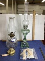 Two vintage oil lamps with extra wicks and jar