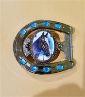Vintage Horseshoe Shape Belt Buckle w/ Blue Topaz