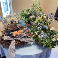 Lot of Faux Flowers in Baskets w/ Wreath