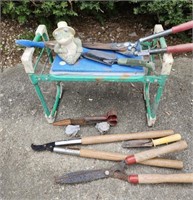 Gardening bench, trimmers, shears