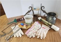 Gardening gloves, planters, coping saw