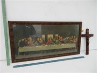 Framed Picture “The Last Supper" and Wooden Cross