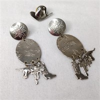 E1) WESTERN EARRINGS &COWBOY HAT PIN