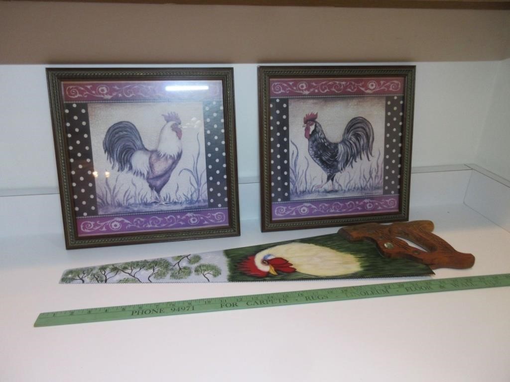 Painted rooster saw, (2) framed rooster prints