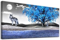 Blue Tree & Wolf Canvas Wall Art, 24" X 48"