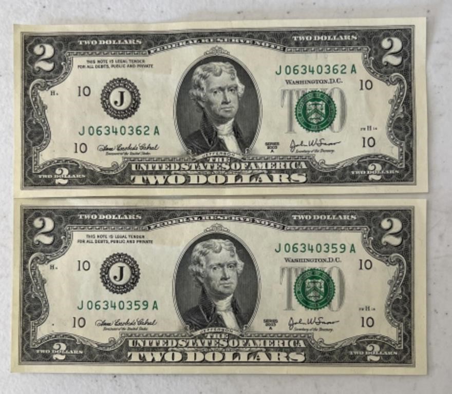 (2) 2003-A 2 dollar bills