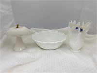 Milk Glass Hobnail Vase Bowl & Mushroom