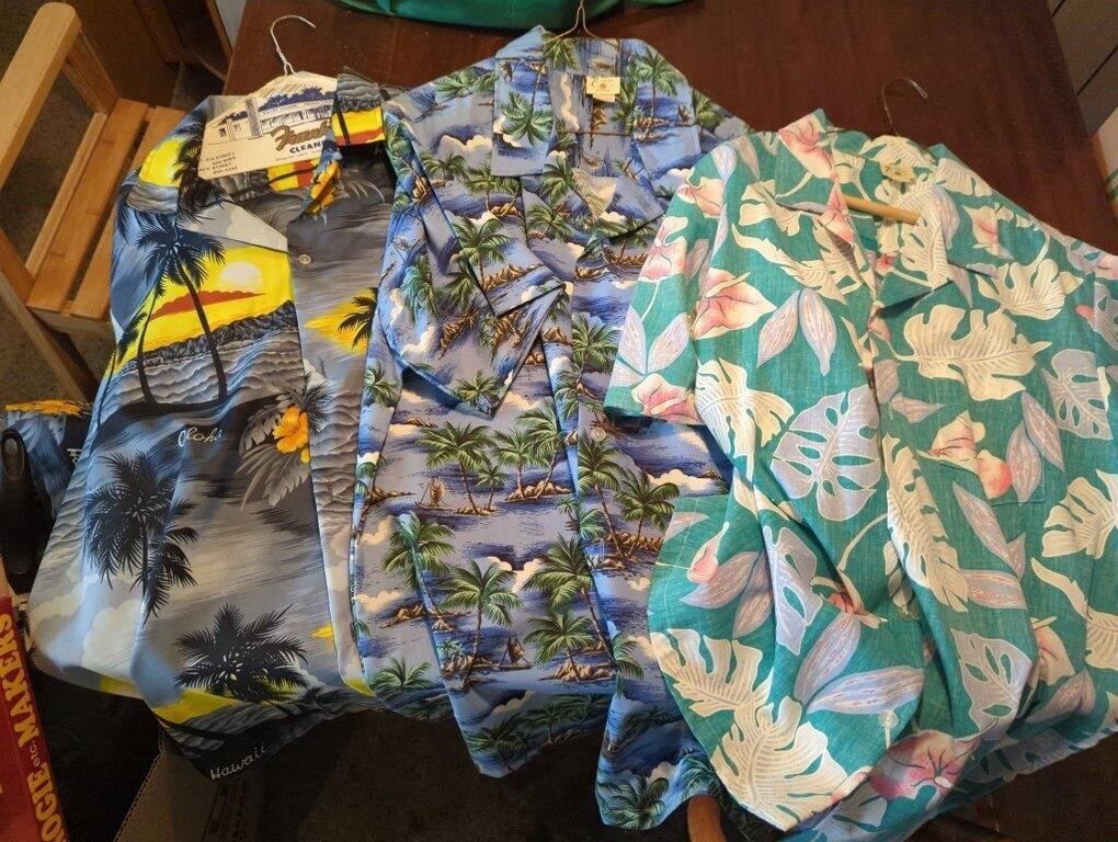 Three vintage Hawaiian print button up shirts