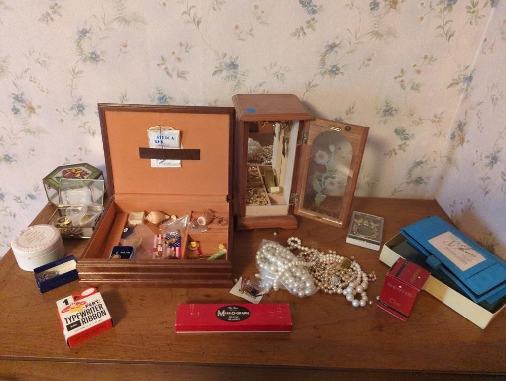 Table top collection of jewelry and boxes