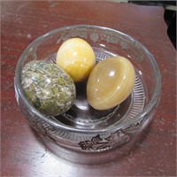 3 - MARBLE EGGS & SILVER TRIMMED BOWL