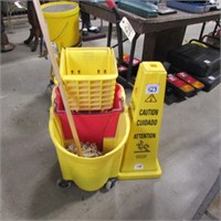 SCRUB BUCKET, WRINGER ,CAUTION POST & MOP