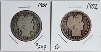 1901 & 1902  Barber Half Dollars   G