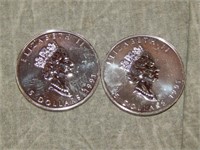 2 Canada Maple Leafs .999 Silver Troy ounce coins