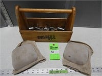 Wooden tool caddy with assorted sockets and knee p