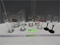 Assorted glasses; 1 is Budweiser