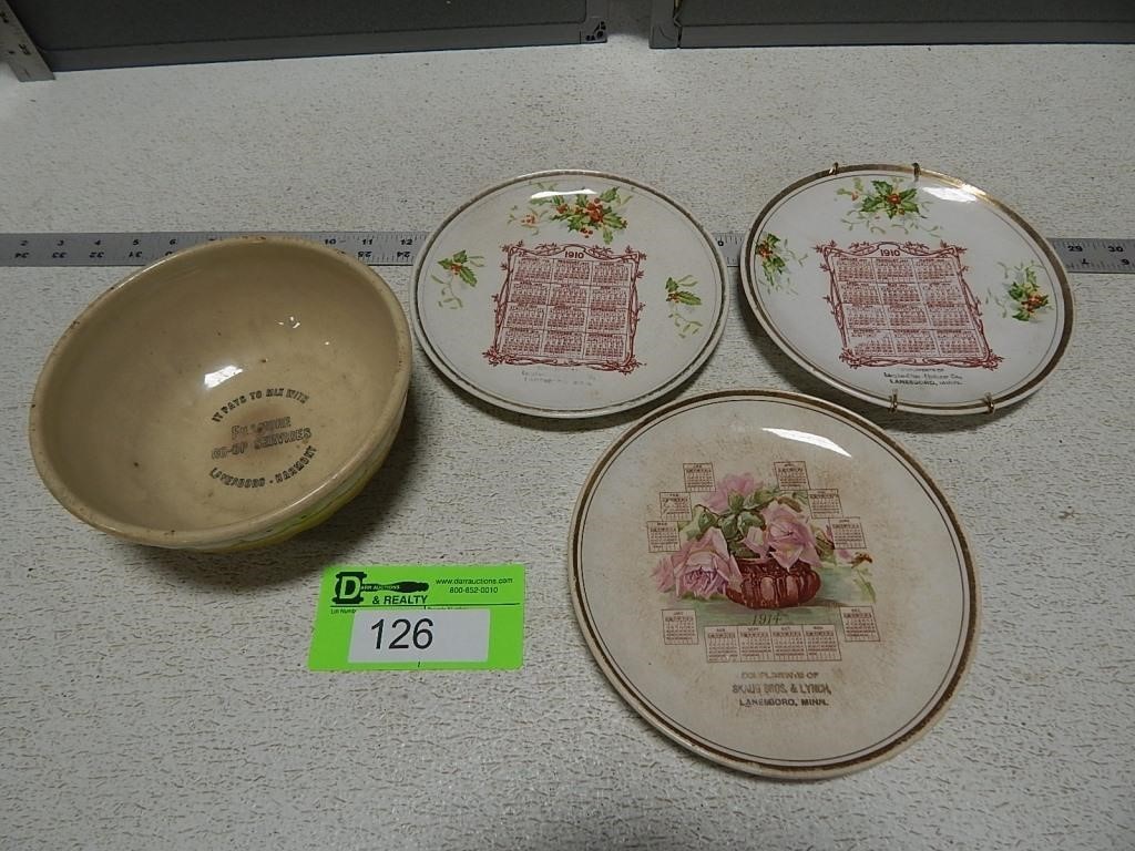 Lanesboro MN calendar plates and stoneware bowl