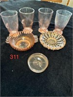 4 Depression Glass Glasses and 2 Candy Dishes