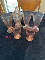 Depression Glass Glasses and Jar with Lid