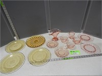 Pink and amber depression glass assortment; amber