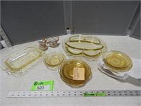 Amber depression glass and a Vaseline glass (?) tr