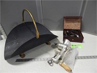 Log holder, meat grinder and vintage travel iron