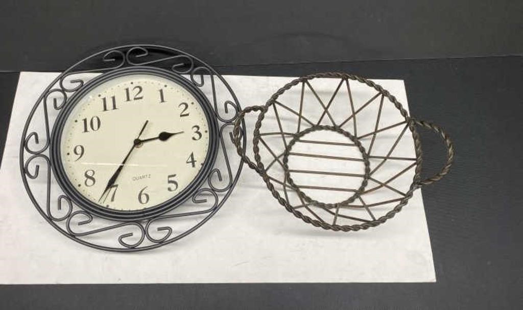 Fancy Iron Framed Wall Clock & Basket