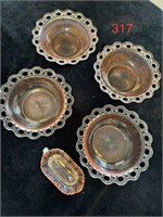 4 Scallop Depression Glass Bowls and Dish as found