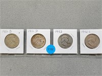 Franklin half dollars; 1951s, 1951d, 1952, 1952s.