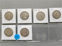 Franklin half dollars; 1948d, 1949, 1949d, 1950, 1