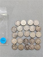 10 Mercury dimes and 14 Roosevelt dimes; various y