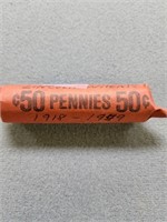 50 Lincoln Wheat penny roll; 1918-1949. Buyer must