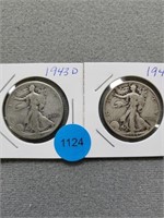 2 Walking Liberty half dollars; 1943d, 1944. Buyer