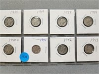 8 Mercury dimes; 1935-1943. Buyer must confirm all